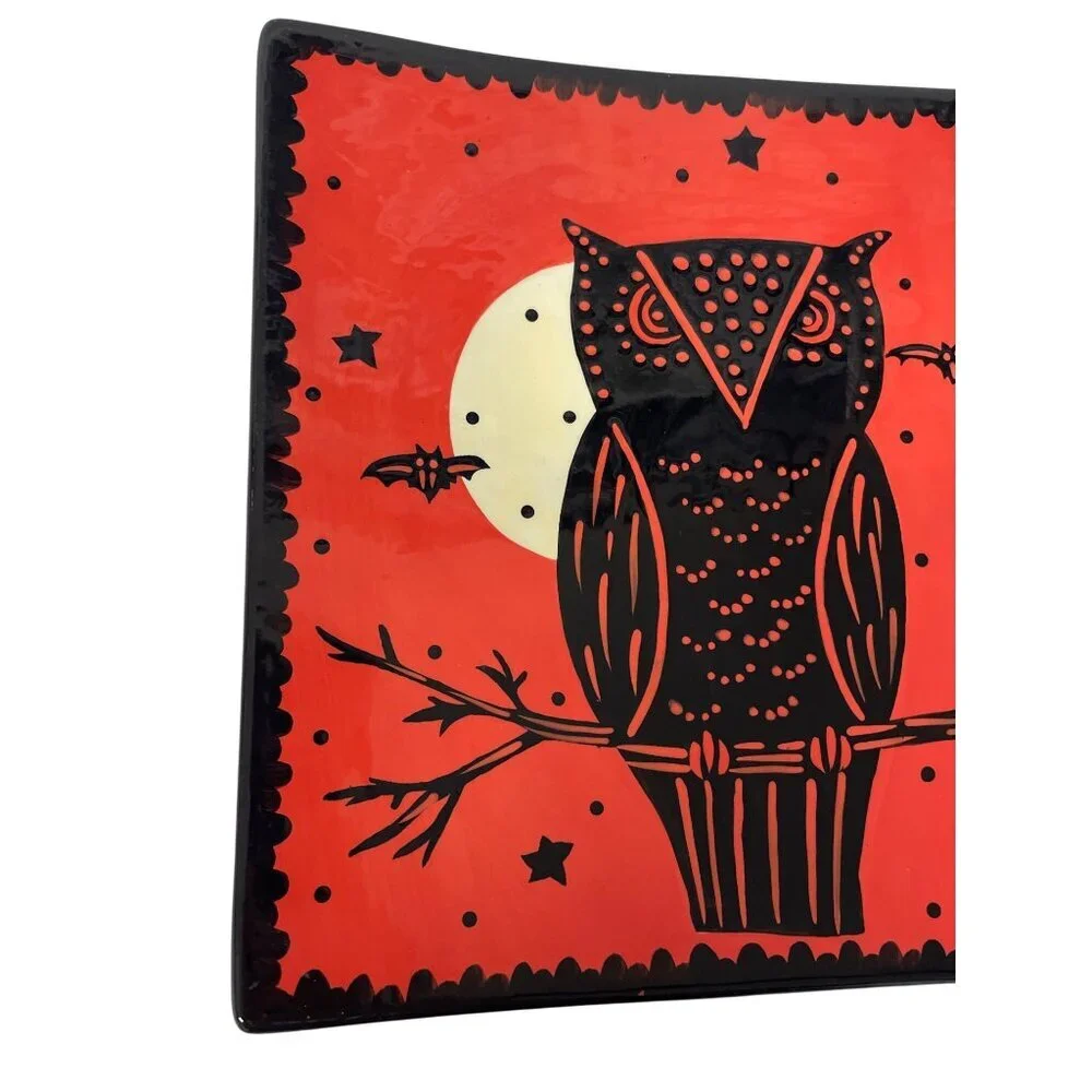 Halloween Owl Bats Square Plate Sharon Bloom Hand‎ Painted 9.75